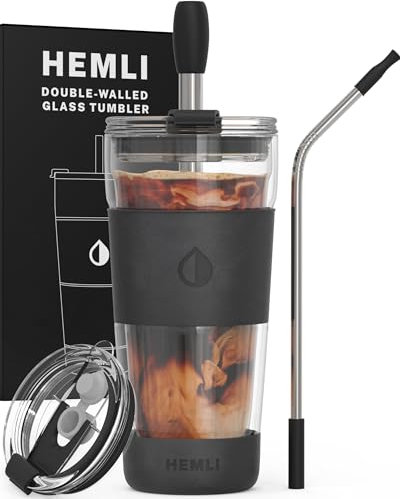 Hemli 19 oz. Double Wall Glass Coffee Tumbler, To Go Travel Mug with Lid, Portable Glass Thermos with Straw, Reusable Cup, Tea, Smoothies, Ice Coffee, and Boba