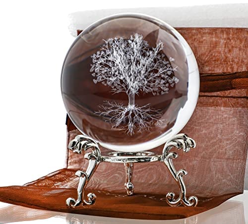 H&D HYALINE & DORA Boule de cristal en forme d'arbre de vie de 60 mm avec support - Presse-papier décoratif en verre gravé au laser - Décoration d'intérieur