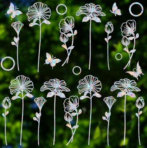 25 Stück Blumen- und Schmetterlingsring-Fensteraufkleber zur Vogelschlagprävention – wiederverwendbare Regenbogen-Sonnenfänger haften zum Schutz von Vögeln, nicht klebende Anti-Kollisions-Aufkleber