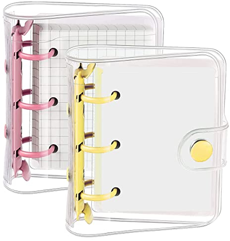 Notizbuch Ringbuch,Mini Notizbuch,2 Sets Transparent Ringbuch Hüllen mit 3 Ringen und Lnnen Papier Ordnertasche Durchsichtig Weich PVC Notizbuch Rund Ringbuch mit Druckknopf
