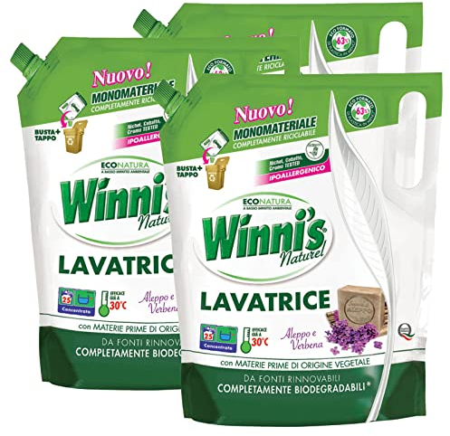 Winni's Naturel Lavatrice Detersivo Liquido con Smacchianti Naturali Fragranza Aleppo e Verbena Attivo a 30°C Ipoallergenico Materie Prime di Origine Vegetali Biodegradabili - 3 Flaconi da 1,125L