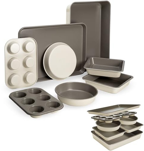 Goodful All-in-One Nonstick Bakeware Set, Stackable and Space Saving Design Includes Round and Square Pans, Muffin Pans, Cookie Sheet and Roaster, Dishwasher Safe, 8-Piece, Linen