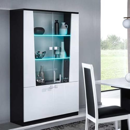 Vitrine 4 portes Laqué Blanc et Noir brillant Leds - LASINA - L 104 x l 47 x H 189 cm
