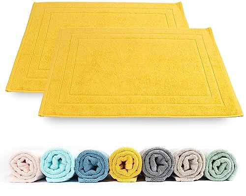 Rinsl Lot de 2 tapis de bain - 100 % coton éponge - 50 x 70 cm - Qualité 700 g/m² - Séchage rapide - Absorbant - Lavable - Jaune ocre