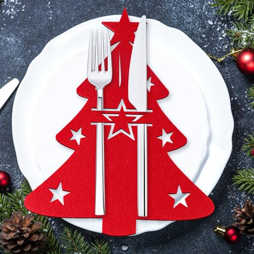 OCCOUMR 12 Stück Besteckhalter Weihnachten Filz, Tannenbaum Besteckbeutel, Weinachts Messer Gabeln Löffel Geschirr Besteck Taschen, Weihnachtsbaum Tischdeko Rot, für Weihnachten Deko