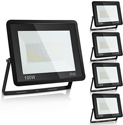 Herrselsam LED Strahler Außen 100W, 5 Stück Außenleuchter Superhell 8500LM LED Scheinwerfer außen, 3000K Warmweiß IP66 Wasserfest Fluter Flutlicht Aussenstrahler für Hof Lager Dach Garten Garage