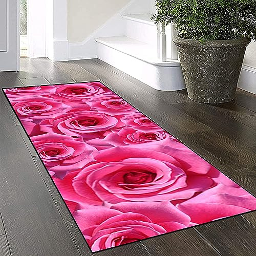 Yinghesheng Teppich Läufer Flur Küche Rosa Rosen rutschfest Küchenläufer 60x140cm Flurläufer 3D Muster Lange Teppichläufer Kücheläufer für Korridor Schlafzimmer Wohnzimmer,Rosa