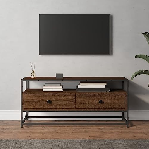 Higsose TV-Schrank 100x35x45cm Braun Eichen-Optik,Holzwerkstoff,Stahl,Beistellschrank,DVD Ständer,TV Schrank Im Industrie-Design,Terrassenschrank,Wohnzimmer Vitrine,Fernseher Tisch Modern, A810