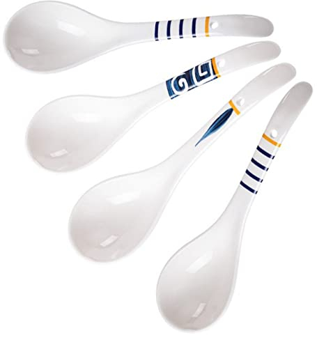 HOMSFOU 4pcs Multipurpose Ceramic Soup Spoons Large Long Handle Dishwasher Safe for Soup Noodles Pasta Home Restaurant