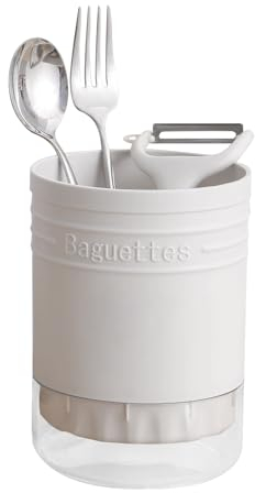Tissting Soporte para Utensilios de Cocina, Plástico Escurridor de Cubiertos Redondo con Compartimentos, Organizador de Encimera para Fregadero Tenedores Cucharas y Palillos Blanco