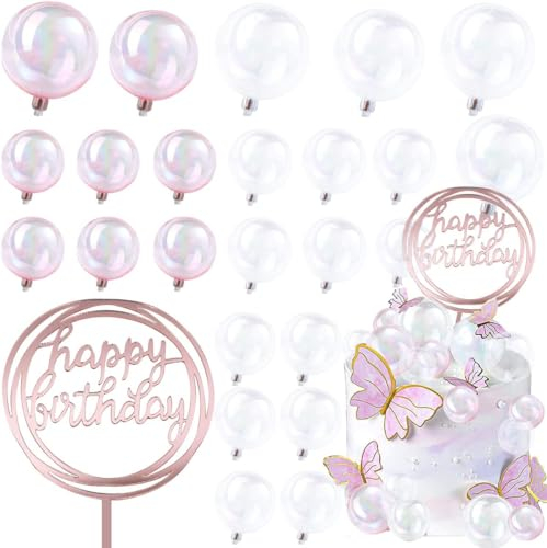 WahYikHo KugelnTortendeko, 25PCS Tortendeko Geburtstag Mädchen, Happy Birthday Tortendeko, Cupcake Topper Bubble Bunte Ball,Kortendeko für Hochzeit Jahrestag Baby Dusche Party