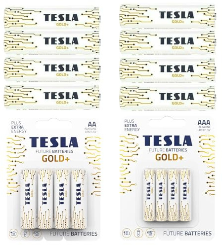 Tesla Gold+ AA + AAA Batteries 8 Pack - With 10 Years Shelf Life - Long Lasting Alkaline Power 4 x AA, 4 x AAA Double A Triple AAA Battery Pack - 1.5V Mignon Lr03 Lr06 Mn1500 Batteries
