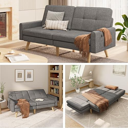 Gizoon Futon Schlafsofa, 180 cm, Futon-Couch mit verstellbarer Rückenlehne, abnehmbare Armlehne für erweiterte Länge, moderner Zweisitzer für Wohnzimmer, 6 Holzbeine, 2 Metallstützstangen, Dunkelgrau