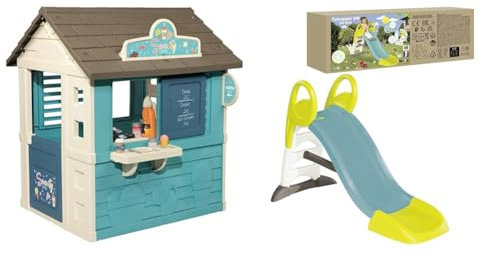 Smoby - Maison Sweety Corner - Cabane de Jardin Enfant - Thème Goûter - Machine à Glaces - 18 Accessoires - 810718 & Toboggan GM - Glisse de 1m50 - Jeu Plein Air Enfant - Dès 2 Ans - 820505