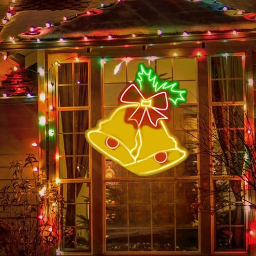 HFHungkeong Weihnachtsglocken-Neonschild für Wanddekoration, Weihnachts-LED-Schild, Weihnachts-Neonschild, Weihnachtsglocken, Neonlicht für Weihnachtsgeschenke, Party-Dekoration, 35 x 32 cm
