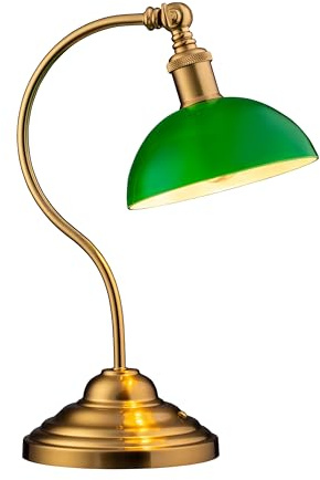 O'Bright Bankers - Cordless LED Table Lamp, Battery-Operated, Rechargeable, 3-Level Dimming, Universal USB-C Charging, 180° Swivel Head, Classic Green Glass Shade, Antique Brass