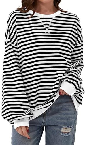 Chicrise Sweatshirt Damen Pullover RundhalAusschnitt Farbblock Gestreifter Langarmshirt Schwarz-Weiss Gestreift 2X Groß 50-54