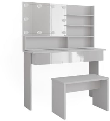Vicco Schminktisch Azur, Weiß, 120 cm mit Spiegelregal, Bank & LED-Beleuchtung