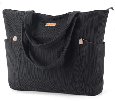Lekesping Sac a Main Femme Grand Velours Cotelé, Sac de Plage avec Fermeture Éclair, Sacs de Courses Femme, Sacs Ordinateur 17 Pouces, Bandoulière Tote Bag Élégant pour Travail L'école Sport - Noir
