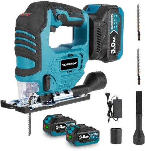 Yofidra Cordless Jigsaw, Electric Jigsaw 3200SPM, Max. Cutting Depth 68mm, 3 Orbital Settings, 2 Saw Blades and 2 3.0 Ah Batteries, ±45° Mitre Cuts, for Wood, Metal and Plastic