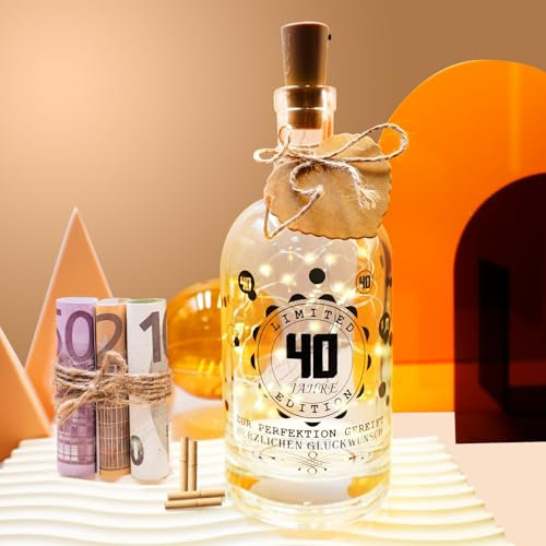 JUNUNDJING Cadeau 40e Anniversaire Femme Homme, Bouteille LED Lumineuse, Cadeau Personnalisé pour 40 Ans, Décoration 40e Anniversaire, Verre Transparent