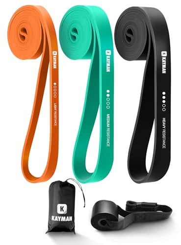 Kayman Long Resistance Bands Set - 3 Pack (5-60lbs) with Door Anchor & Carry Bag – Ideal for Pull-Ups, Yoga, Calisthenics, Strength Training, Stretching, Home Workouts, and Full-Body Fitness Exercises