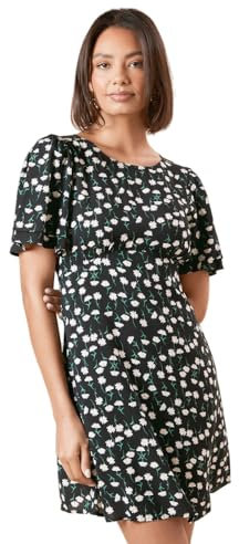 Dorothy Perkins Black Floral Double Frill Angel Sleeve Mini Dress, 14, Black