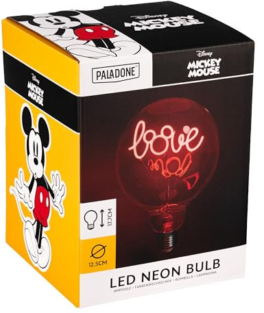 Paladone Mickey-Maus-LED-Neon-E27-Schraubbirne, „Love“, dekorativ, zum Einschrauben in jede Edison-kompatible Lampe, offiziell lizenziertes Disney-Sammlergeschenk, für Schlafzimmer und Zuhause