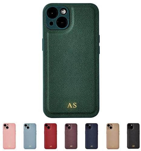 Tirita Personalised Leather Phone Case for iPhone 12 – Leather Dark Green Case or Cover With Custom Initials – Cute Personalised Gift for Men or Women [15. Dark Green Gold Embossed Initials]