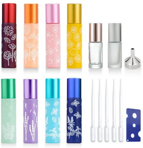 KASURE 10 Stück Roll on Glasflaschen für Ätherisches Öl（10ml*8,5ml*2）mit Öffner, Trichter und Tropfer Mit Edelstahl Roller Ball Roll On Flasche Leer für Parfüm, Kosmetika, Aromatherapie, Massage