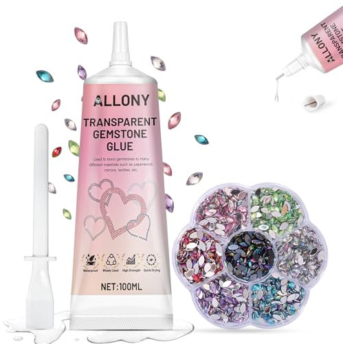 Allony Pegamento para Bisutería, Pegamento para Pedrería en Tela, 7 Colores Diamante, Pegamento para Joyas Transparente, Pegamento Gemas, Pegamento Textil para Arte Joyería Bricolaje - 100ML