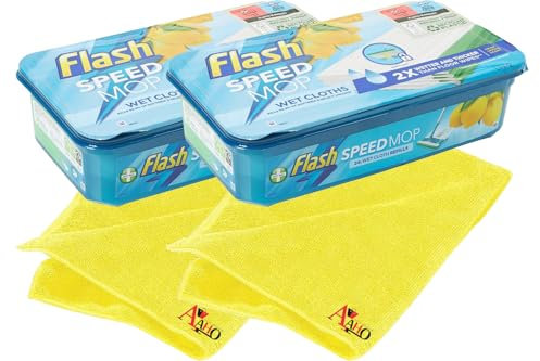 Flash Speed Mop Refills, 48 Wet Floor Cleaning Wipes, Lemon Scent, Anti-Bacterial, Wet & Dry Mop Pads + 2x Microfiber Cloths