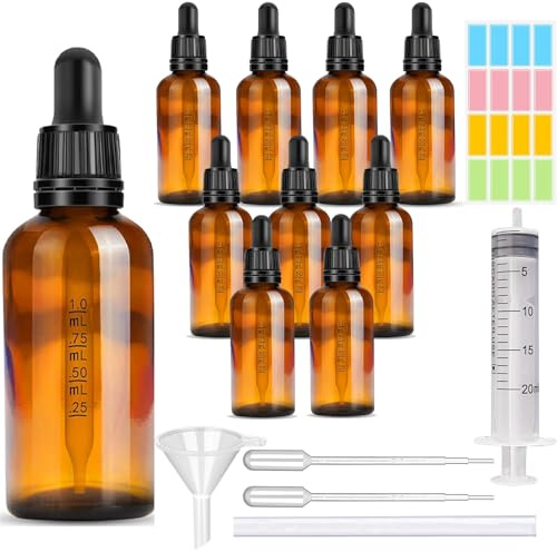CafullCon 10 Stück 50ml Pipettenflasche, Wiederverwendbar Anti-UV Flasche mit Pipette, Braunglasflasche mit Trichter Spritze Katheter Tropfer Aufkleber, Apothekerflasche für Ätherische Öle Parfümöle