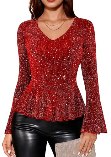 Timormode Sparkly Tops for Women Long Sleeve V Neck Sequin Shirts Slim Fitted Ruffle Glitter Blouses Cocktail Evening Party Wedding TMT7005 Burgundy L