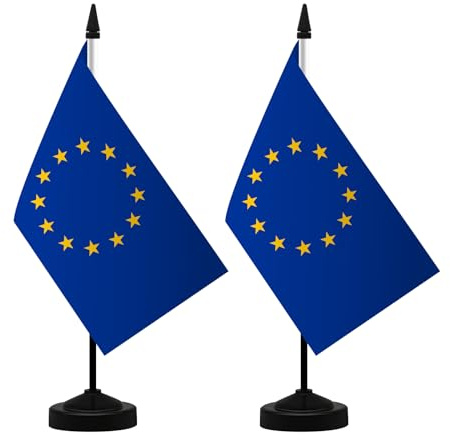 NQ European Union Desk Flag 2 Set, Tischflaggen-Set der Europäischen Union, Flagge 21X 14CM, Für Haushalt, Büro und Handel (2 Stück)