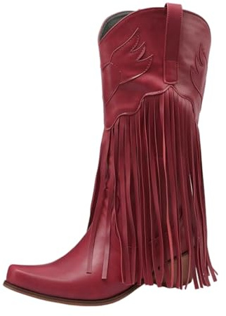 PAIDAXING Stivali da cowboy da donna, stile retrò, occidentale, in pelle scamosciata, a metà polpaccio, con frangia a punta, tacco grosso, stivali larghi al polpaccio, scarpe da donna per autunno