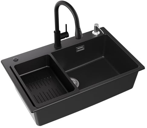 CECIPA Spülbecken Schwarz 70x45 mit Wasserhahn Ausziehbar, Spüle Granit | Spüle küche mit Wasserhahn Ausziehbar, Granitspüle, Küchenspüle Einbaubar ab 80 cm Schrankbreite, Spüle mit Wasserhahn Set