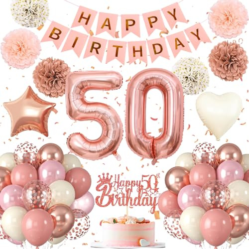 50.Geburtstag Dekoration,50 geburtstag Frau Rosa Rosegold,Geburtstagsdeko 50 jahre Frau,Luftballons 50.geburtstag Happy Birthday Girland Ballon 50 Deko zum Geburtstags,Geburtstagsdeko 50 Jahre