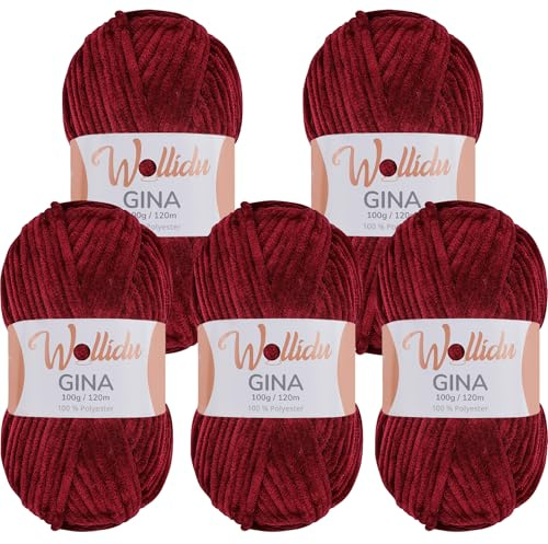 Wollidu Gina Chenille Wolle/Chenillegarn 5 × 100 g Set – 100% Polyester – je 120 m – Garnstärke 5 mm – zum Stricken & Häkeln – samtig-weiches Plüschgarn – Farbe Weinrot