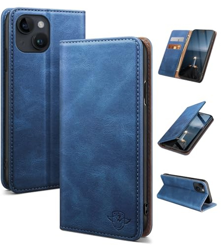SUANDUCK for iPhone 15 Plus 6.7 mobile phone case magnetic leather flip case with RFID-blocking card compartment, adjustable stand and 360° drop protection with Apple 15 Plus Light Blue