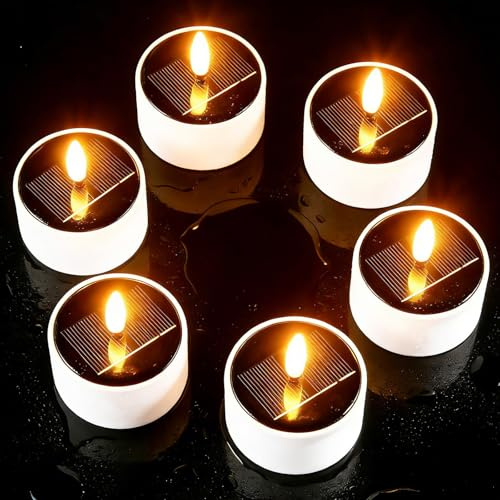 Lot de 6 Bougies LED Solaire, 6x5cm Bougies LED étanches Solaires, Fausse Bougie Chauffe Plat Solaires, Bougies Chauffe-Plat Solaires étanches à LED pour Terrasse, Jardin, Camping, Décoration Chambre