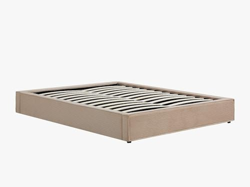 Vente-unique - Bettgestell mit Bettkasten Kareso Stoff Beige 220 cmx201 cm | Samtige Weichheit des Cords | Müheloses Öffnen