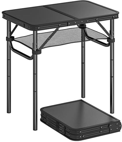 Table de camping pliante Outsunny 2 pieds, table de pique-nique avec couche de rangement en filet, 4 hauteurs réglables et poignée de transport, portable pour le jardin, le parc, le barbecue, noire