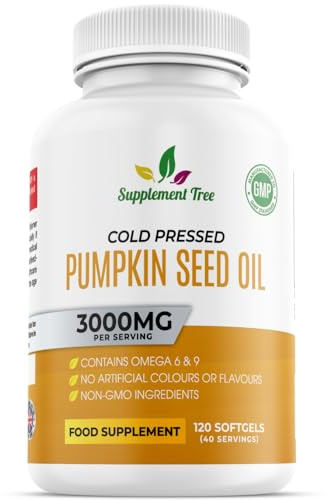 Pumpkin Seed Oil Capsules High Strength 3000mg (Per 3 Softgels) | Cold Pressed – Omega 6 & 9 (Linoleic & Oleic Acid) – UK Made – 120 Softgels