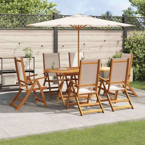 KKHOMEI Gartenmöbel Set 6 Stühle mit Tisch Holz Sitzgruppe Garten Essgruppe 6 Verstellbar und klappbar Hochlehner Gartenstuhl Akazie Creme-8