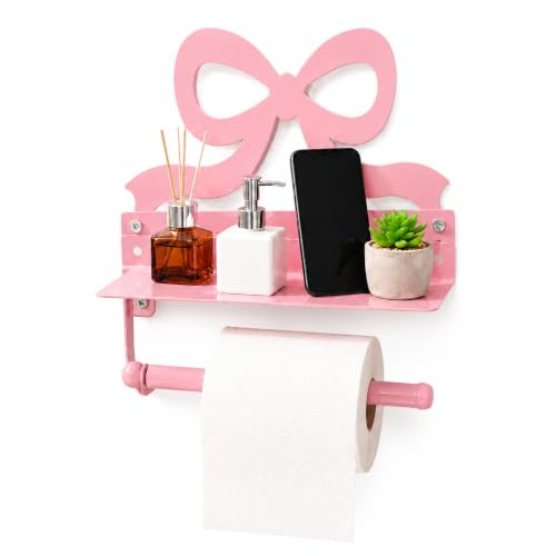 OUNONA Metal Toilet Paper Holder with Phone Stand, Pink Bow Design Wall Mount Toilet Roll Holder, Decorative Bathroom Organizer Shelf for Restrooms