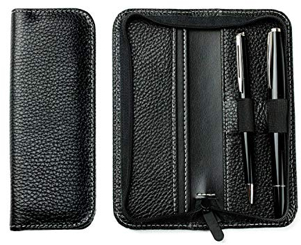 DELMON VARONE - Personalisierbares Schreibgeräte Etui aus Soft Grain Leder schwarz, Echtleder Stifteetui mit Reißverschluss für 2 Schreibgeräte, Federetui für hochwertige Kugelschreiber & Füller