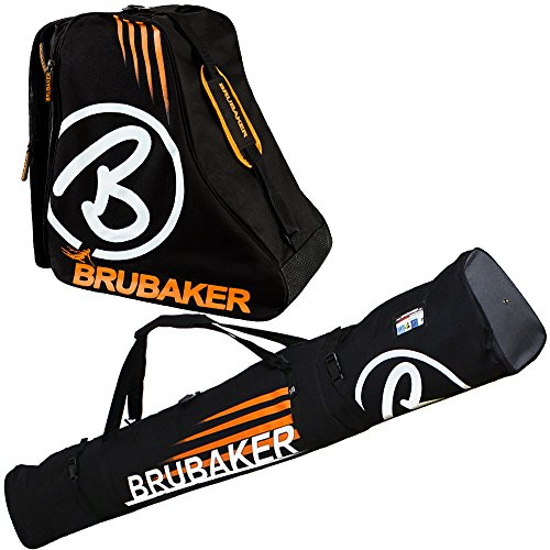 BRUBAKER Davos Kombi Set - Skisack und Skischuhtasche für 1 Paar Ski bis 190 cm + Stöcke + Schuhe - Schwarz Orange