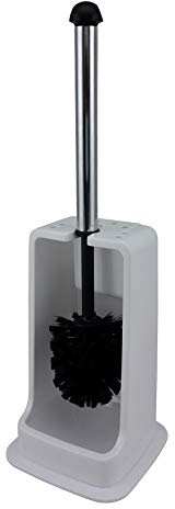 WC-Rundbürste Sanitärbürste mit verchromten Metallgriff in Farbe Schwarz - WC-Garnitur ca. 38 cm + Ständer für die WC-Rundbürste in Farbe Weiß - WC-Garnitur ca. 24 cm Höhe