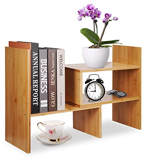 Hossejoy Adjustable Natural Wood Desktop Bookshelf Bamboo Desk Storage Organizer Display Shelf Rack, Counter Top Bookcase
